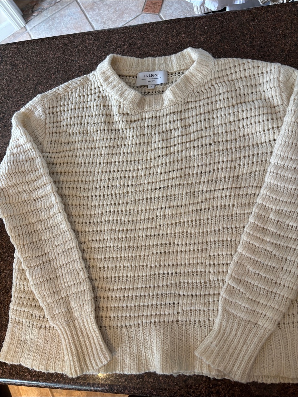 La Ligne Ladies Wool Cashmere Cream Open-Weave Crewneck Sweater-S